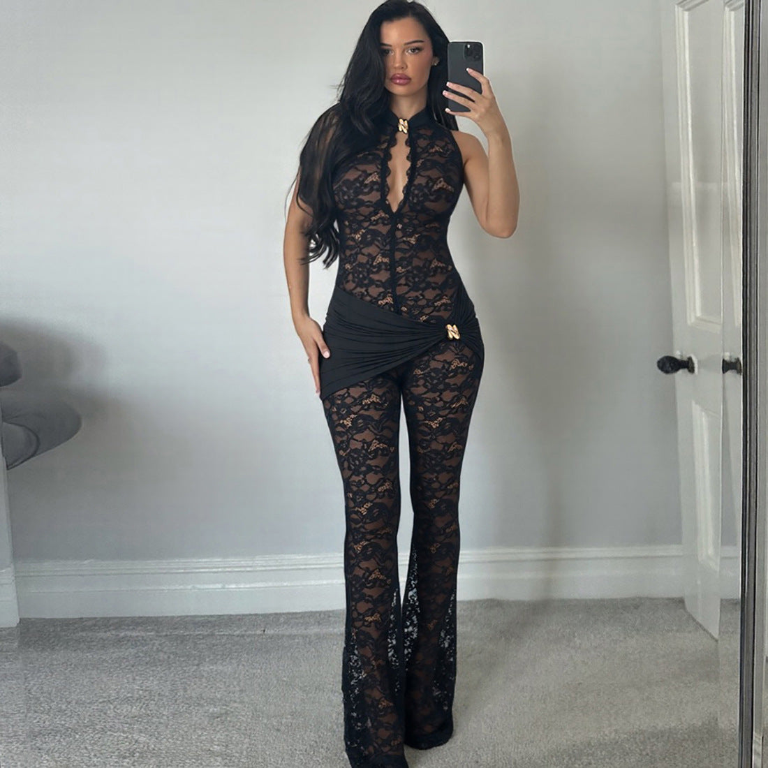 MB1122 Black Sheer Lace Sleeveless Flared Jumpsuit