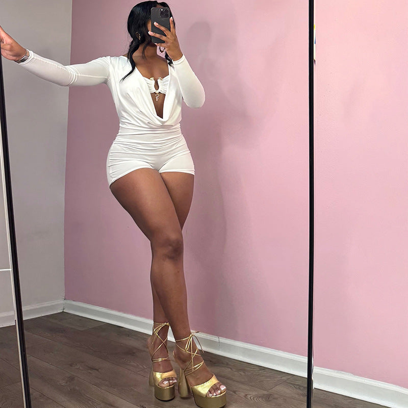 MB1501 Deep V Ruched Long Sleeve Romper