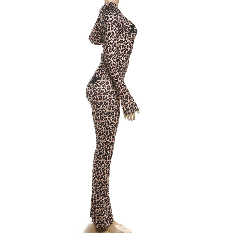 MB1830 Women's Leopard Print Zip Up Hoodie & Flared Pants 2 Piece Set