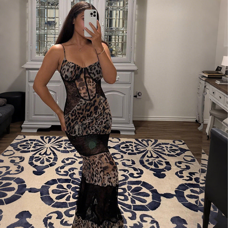 MB1832 Women's Leopard Print Lace Insert Spaghetti Strap Maxi Dress