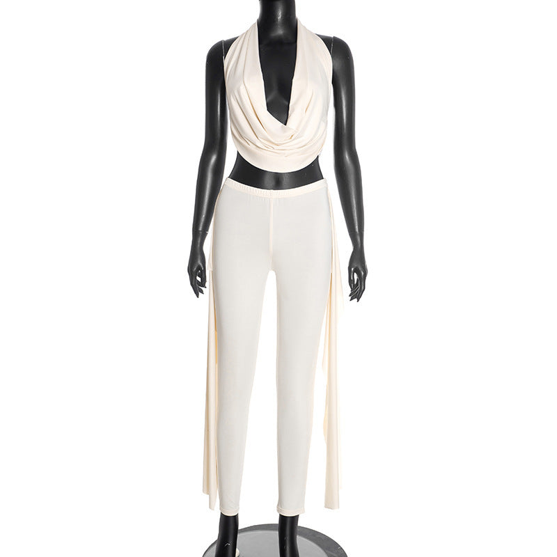 MB10153 Women's Halter Neck Crop Top with High Waisted Pants 2 Piece Set