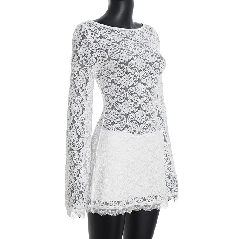 MB1444 White Lace Bell Sleeve Mini Dress