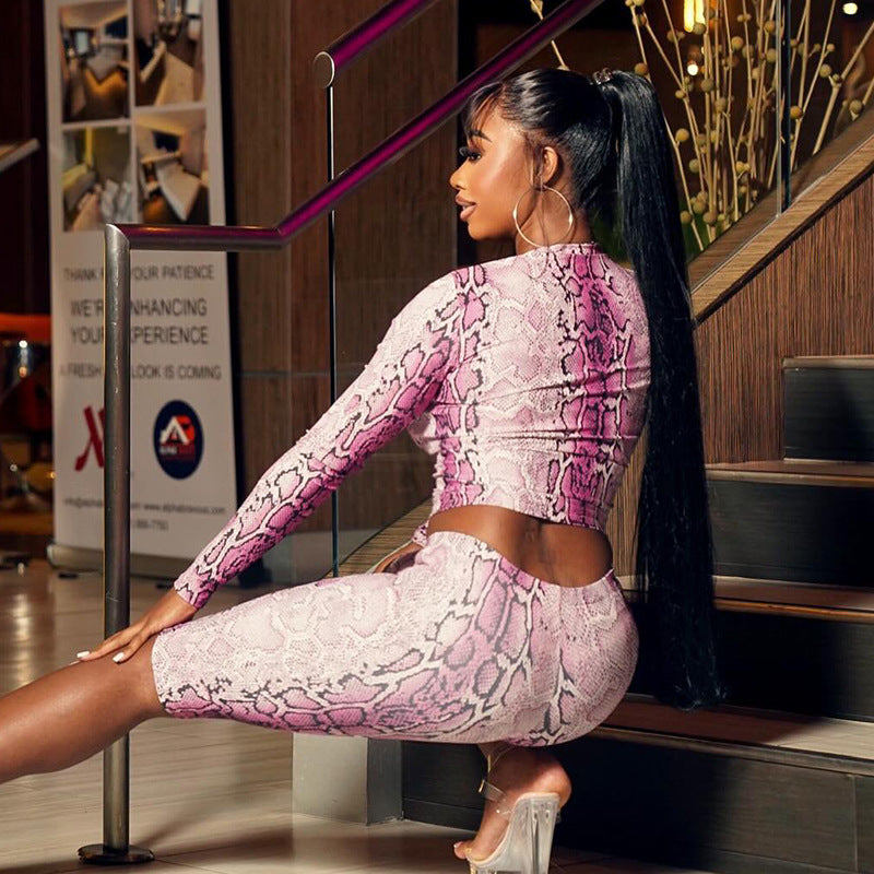 MB10144 Women’s Snake Print Crop Top & Biker Shorts 2-Piece Set