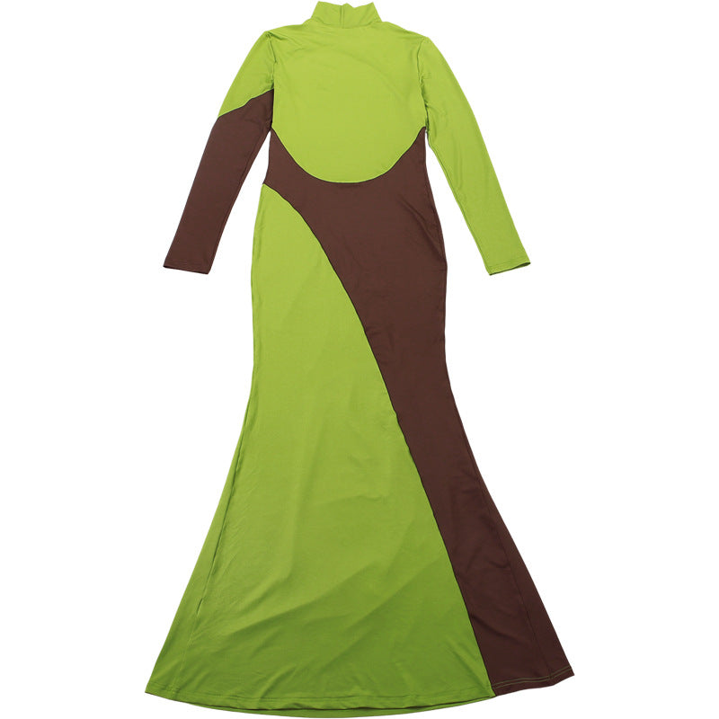 MB1515 Color Block Turtleneck Maxi Dress