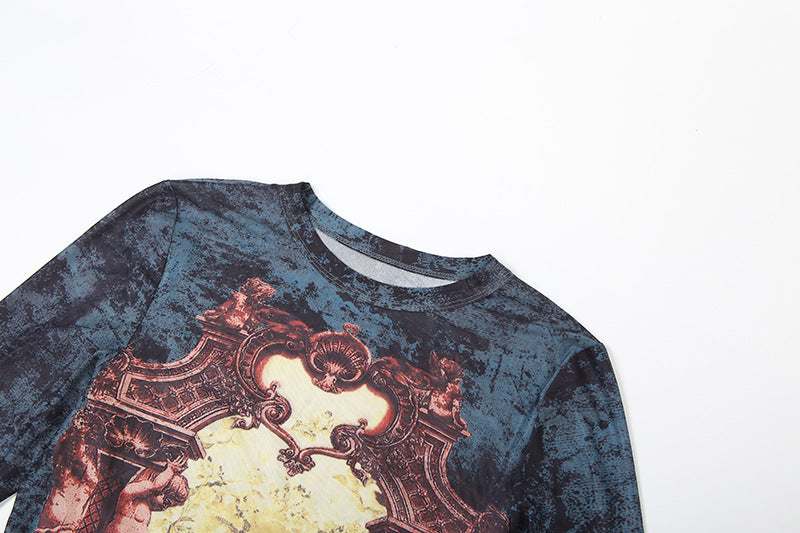 MB1139 Vintage Print Sheer Mesh Bodycon Mini Dress