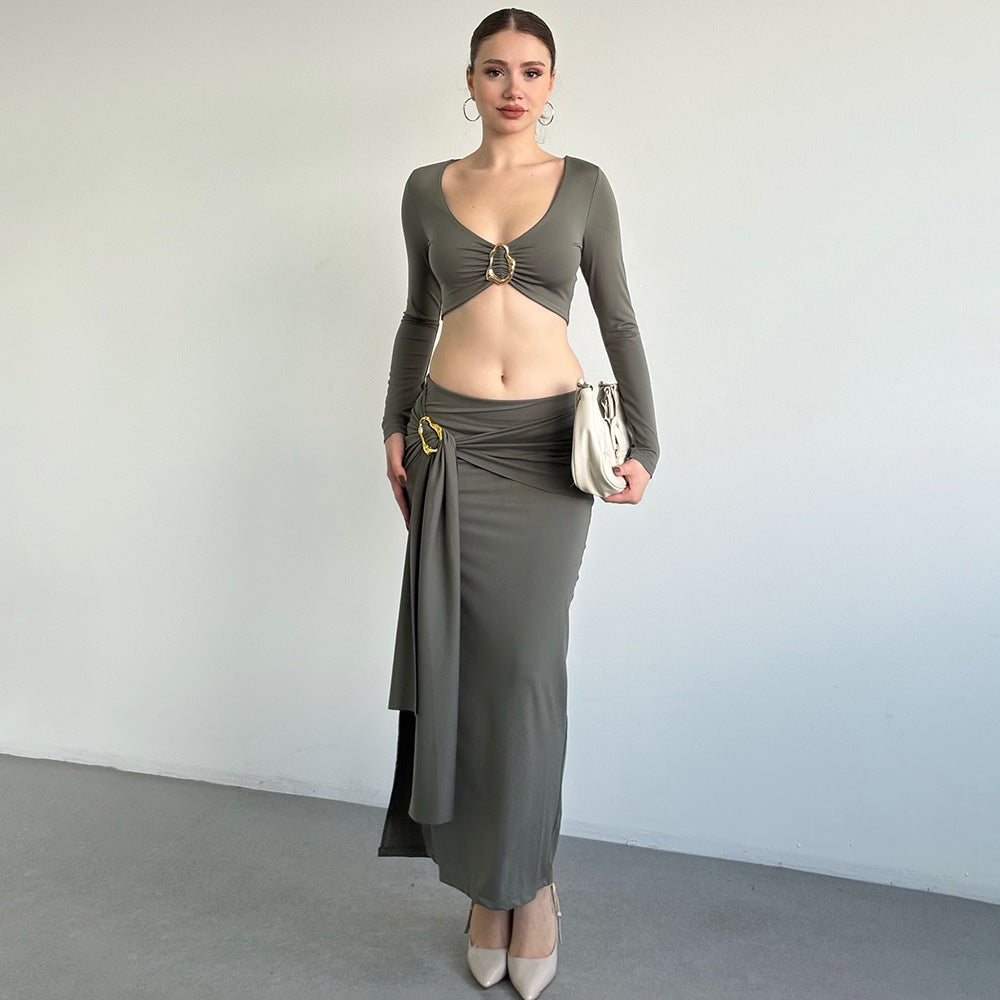 MB1319 Long Sleeve Crop Top & Maxi Skirt Two Piece Set