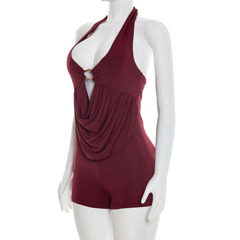MB10167 Draped Deep V Backless Bodycon Short Jumpsuit