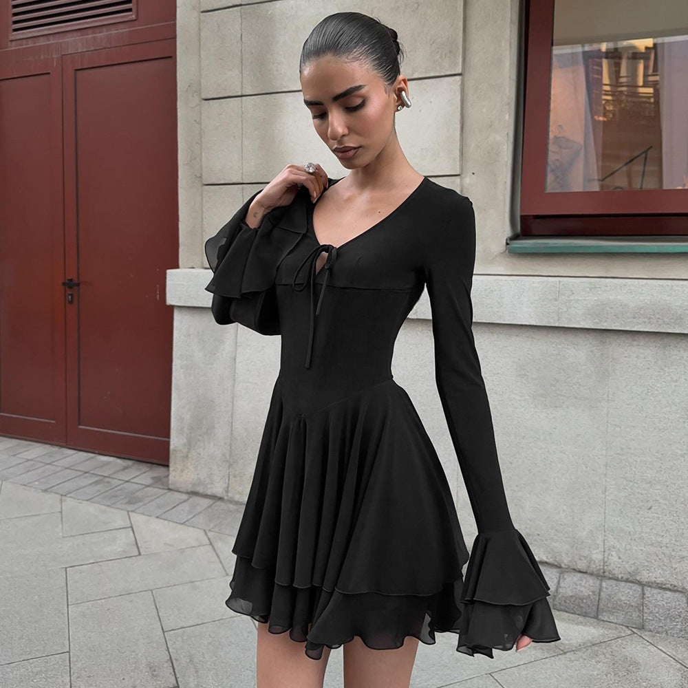 MB1321 Long Sleeve Tie-Front Mini Dress with Bell Cuffs