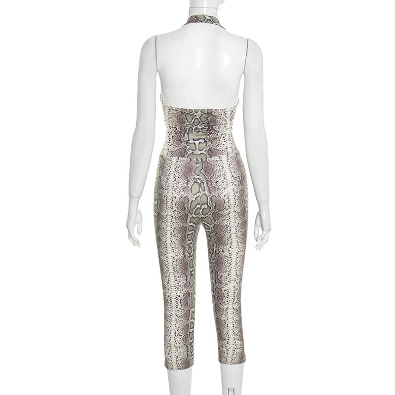 MB1407 Snake Print Halter Capri Jumpsuit for Women