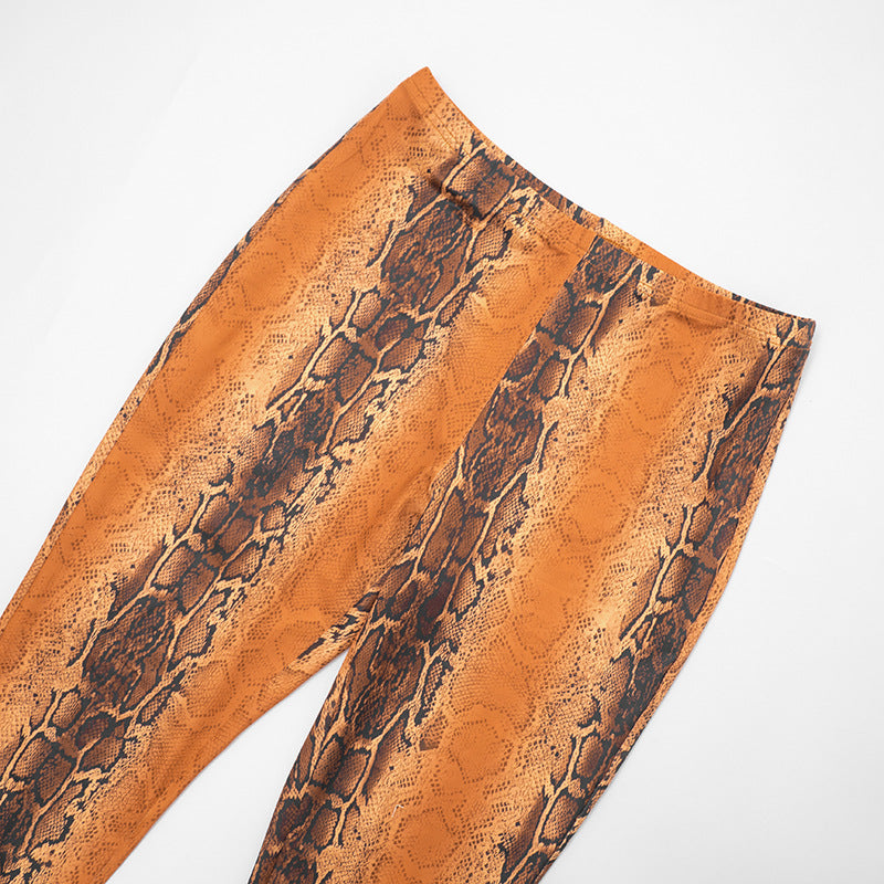 MB1431 Orange Snake Print Crop Top & Flared Bell Bottom Pants