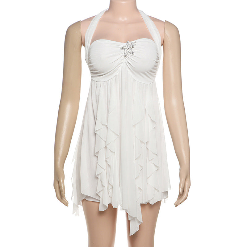 MB1113 Sexy Halter Backless Mini Dress with Ruffled Hem