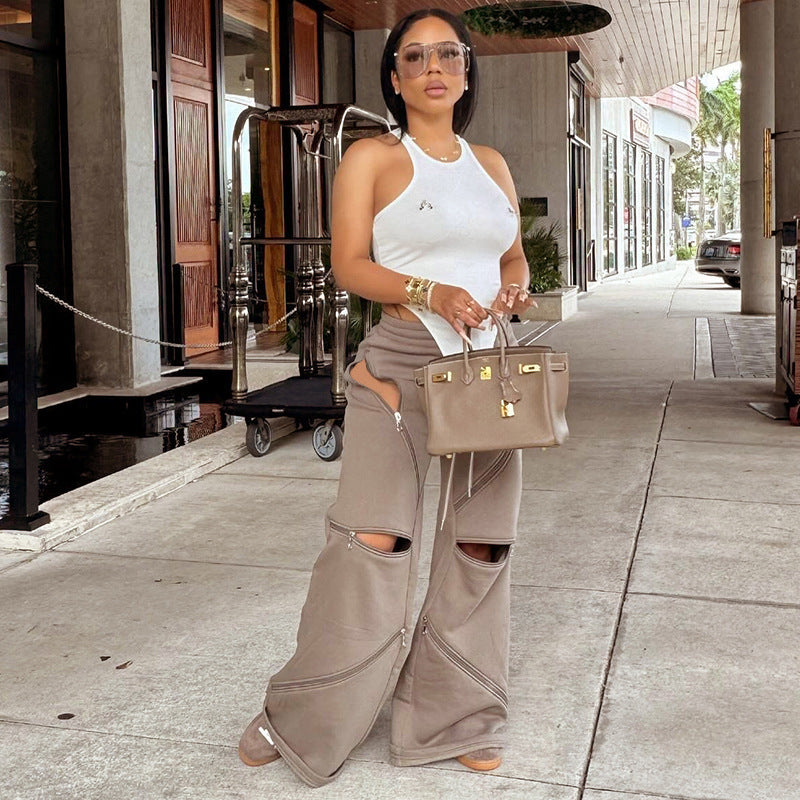 MB1020 Women Wide-leg Pants with Zips