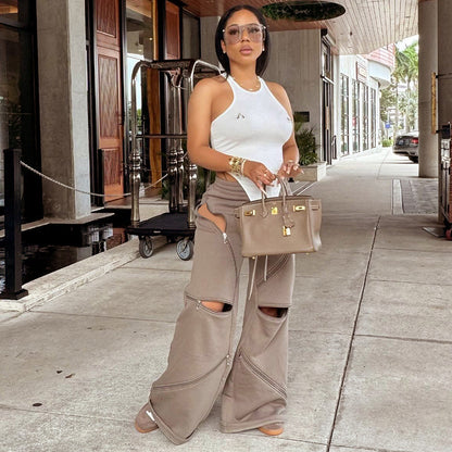 MB1020 Women Wide-leg Pants with Zips