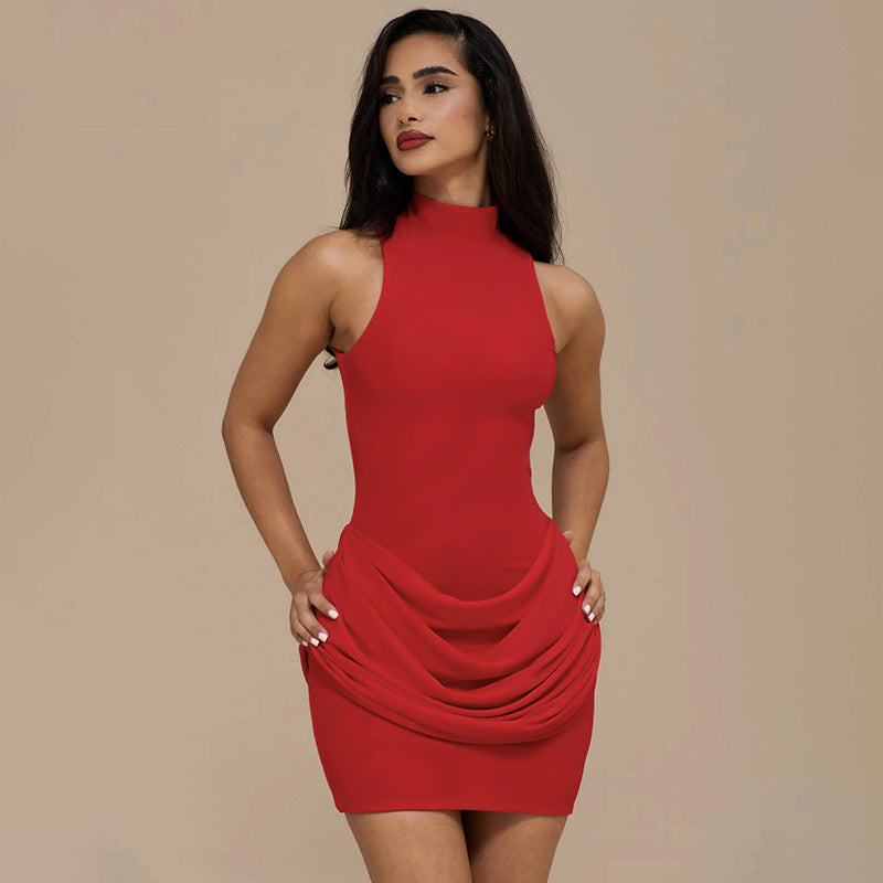MB1453 Mock Neck Sleeveless Ruched Mini Dress