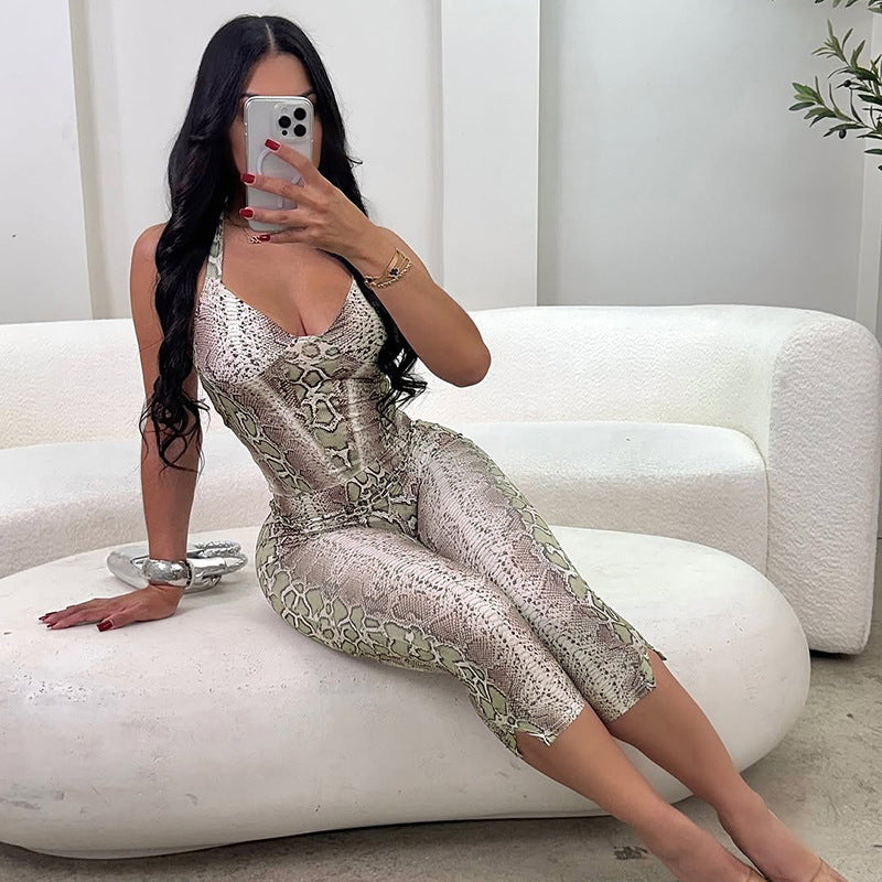 MB1407 Snake Print Halter Capri Jumpsuit for Women