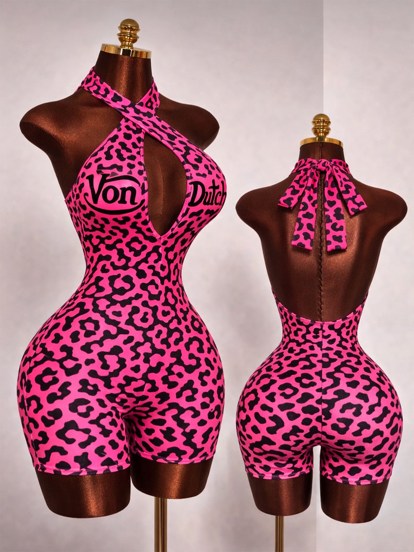 MB1729 Leopard Print Halter Neck Romper – Sexy Cutout Backless Bodycon Short Jumpsuit
