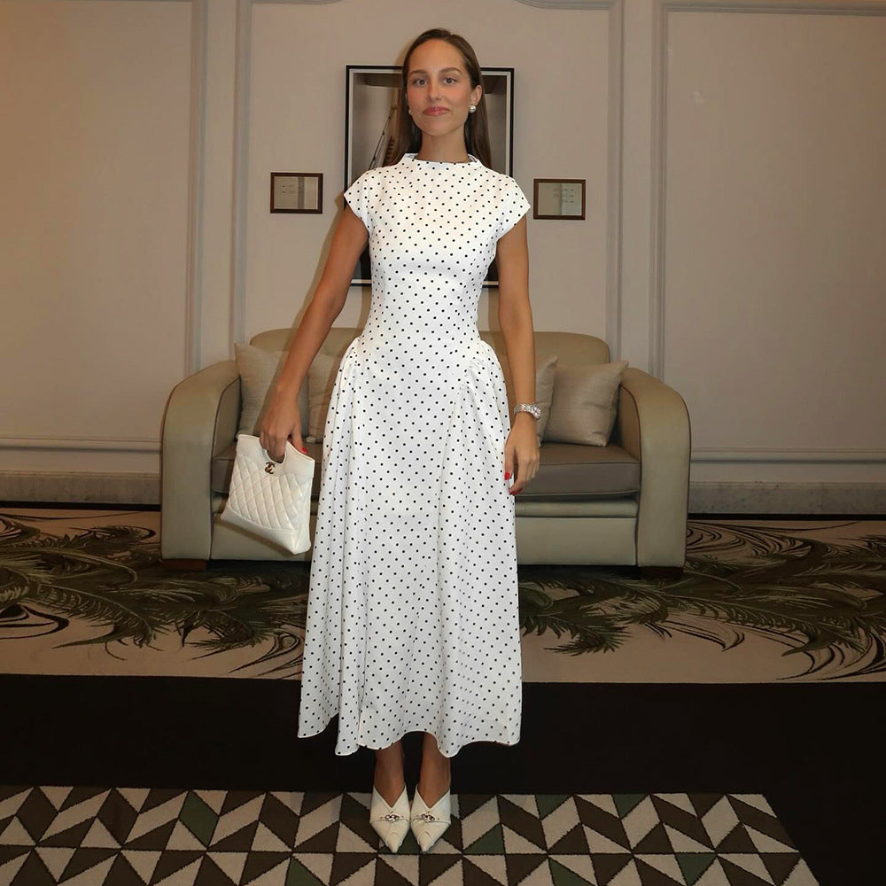 MB1323 White Black Polka Dot Cap Sleeve A-Line Midi Dress