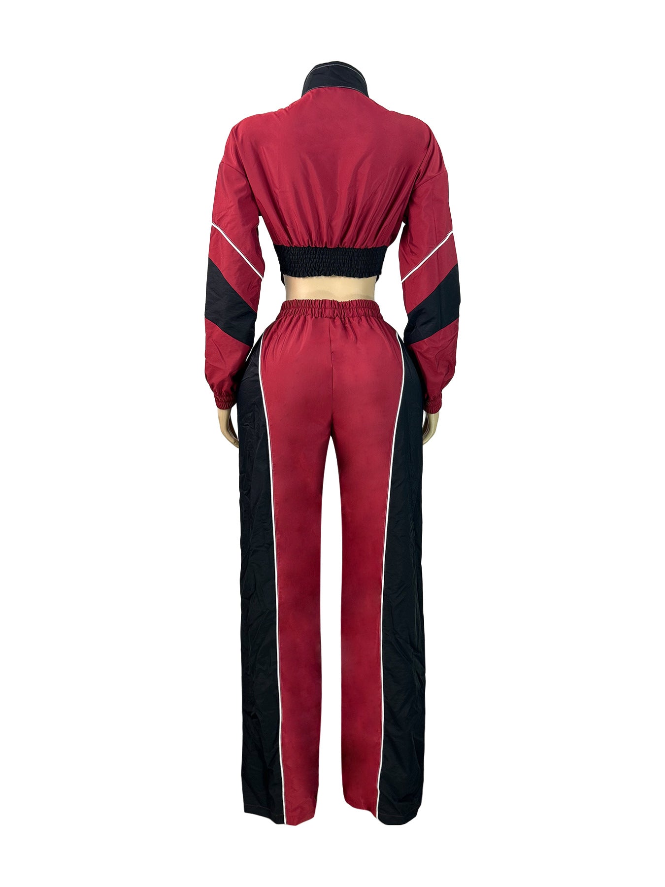 MB1705 Color Block Crop Jacket & Wide Leg Pants Two-Piece Set for Women