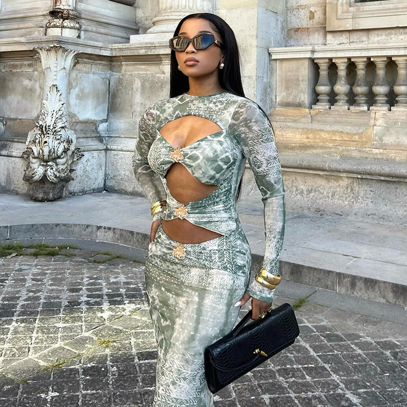 MB10114 Green Tie-Dye Cutout Maxi Dress