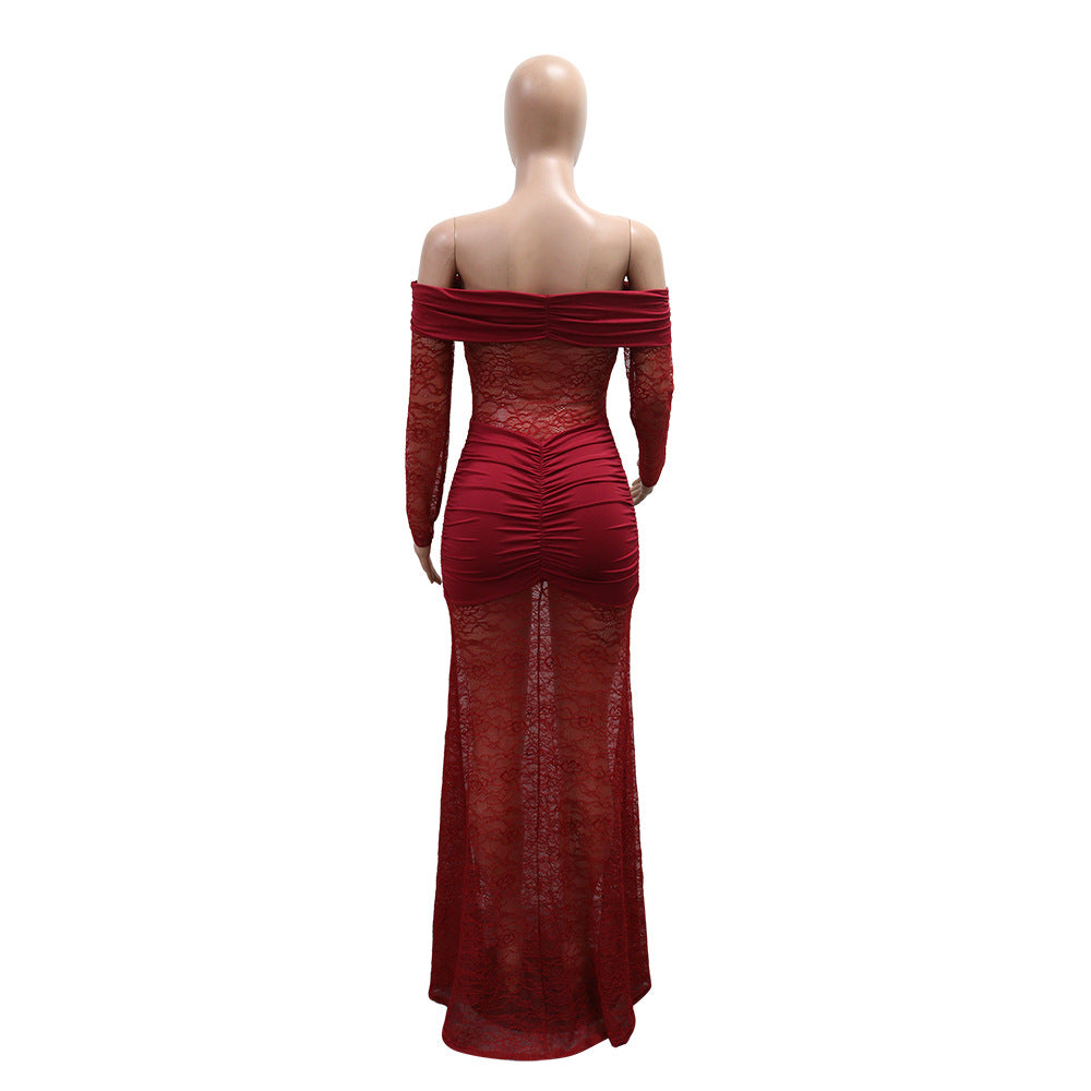MB1216 Burgundy Lace Ruched Bodycon Maxi Dress
