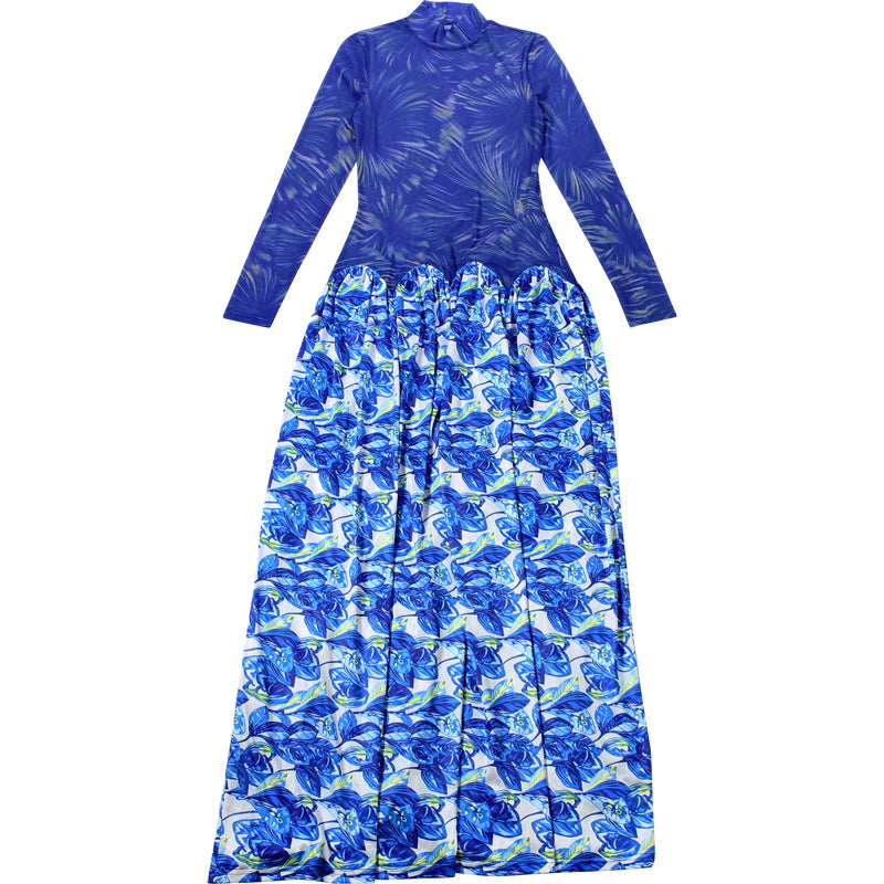 MB1814 Women's Blue Floral Milk Silk A-Line Maxi Dress