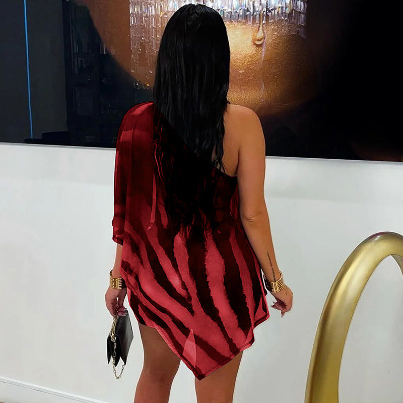 MB1458 Sheer Mesh Poncho Top & Bodycon Mini Skirt 2‑Piece Set
