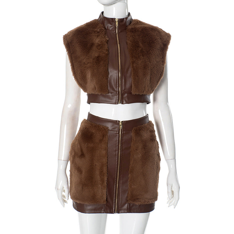 MB1067 Women's Faux Fur & PU Leather Two-Piece Set