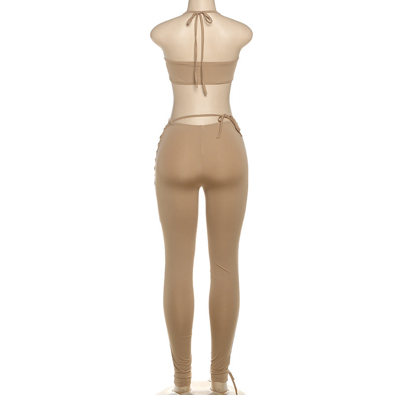 MB1807 Women's Nude Halter Bandeau Crop Top & Waist-Leg Lace-Up High-Waist Leggings Two-Piece Outfit