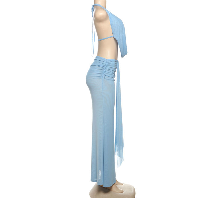 MB1505 Light Blue Sheer Mesh 2-Piece Set: Halter Drape Top and Maxi Skirt