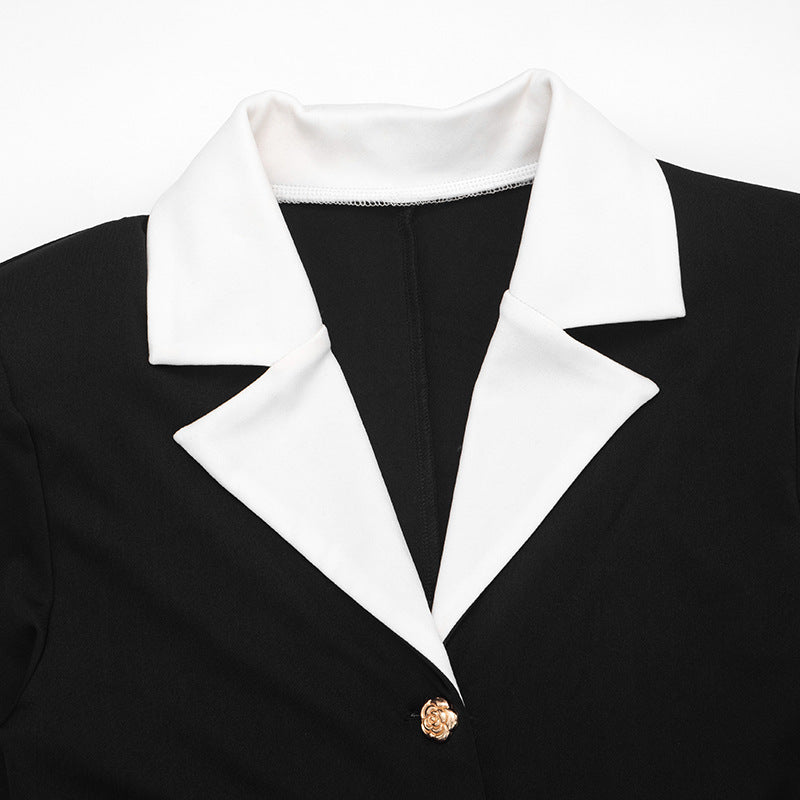 MB10132 Women's Black & White Contrast Collar Button Front Bodycon Romper