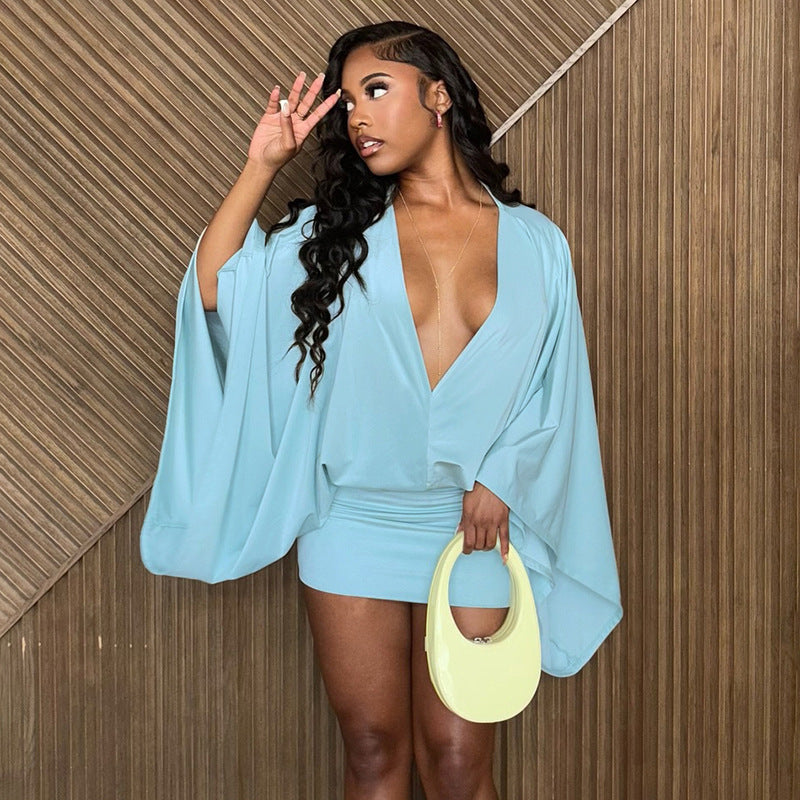 MB1072 Batwing Sleeve V-Neck Bodycon Mini Dress