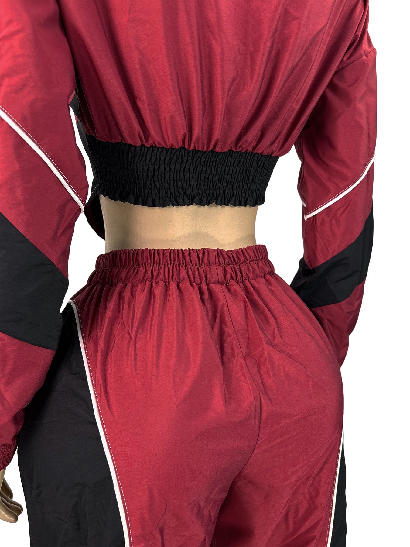 MB1705 Color Block Crop Jacket & Wide Leg Pants Two-Piece Set for Women