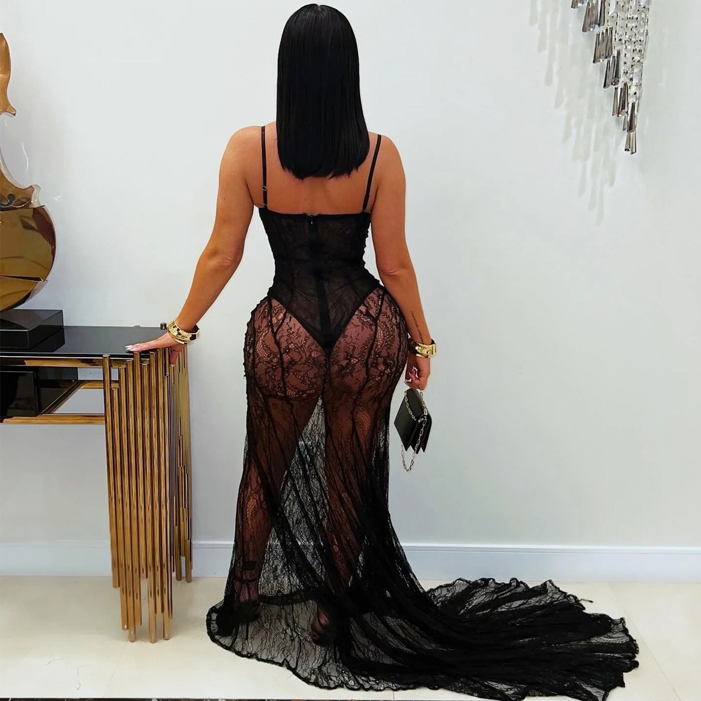 MB1626 Women's  Lace Spaghetti Strap Sheer Maxi Dress