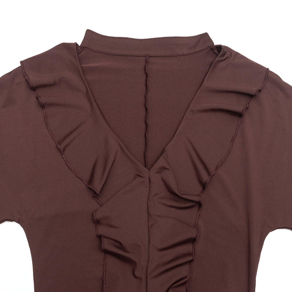 MB1312 Chocolate Brown V-Neck Ruffle Bodycon Mini Dress