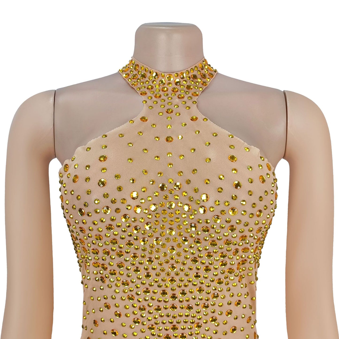 MB1623 Women's Sheer Mesh Gold Rhinestone Gown