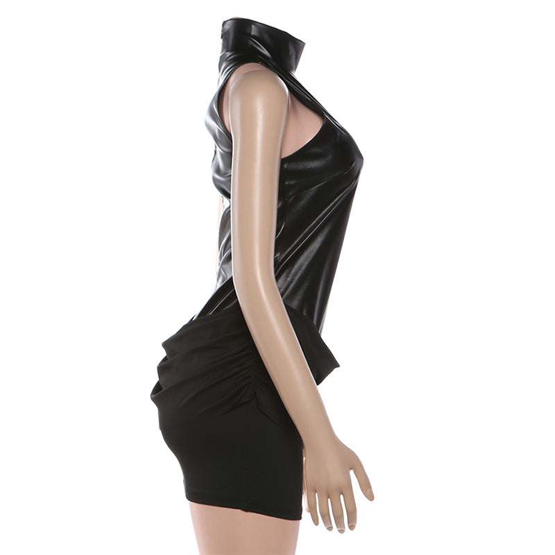 MB1164 Women's Black Faux Leather Sleeveless Mini Dress