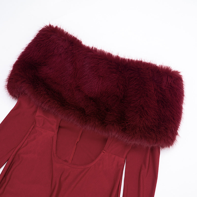 MB10140 Women’s Off-Shoulder Faux Fur Trim Cutout Jumpsuit