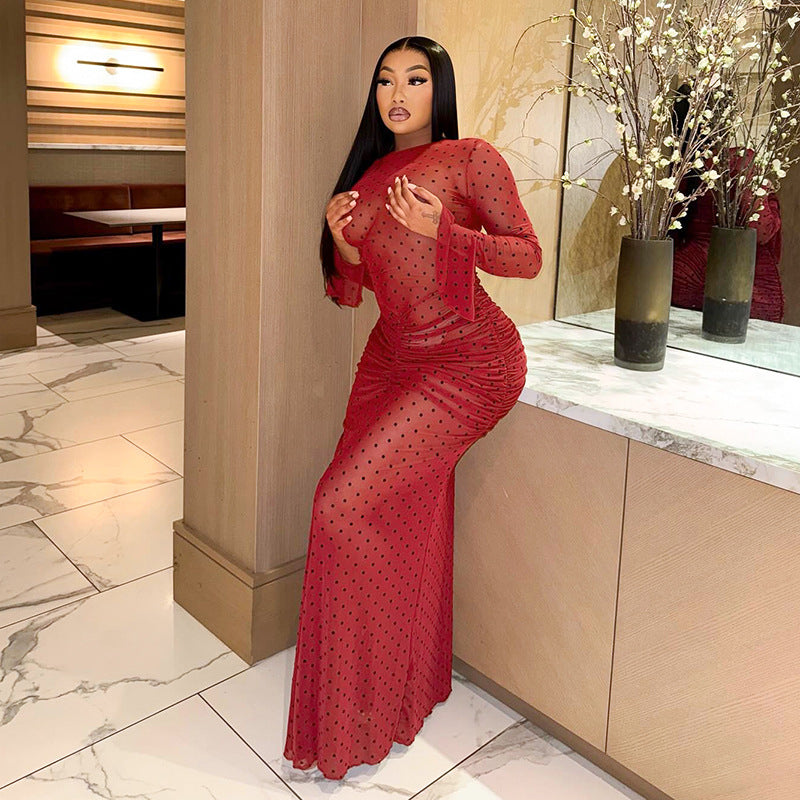 MB1417 Red Polka Dot Flared Sleeve Maxi Dress for Women