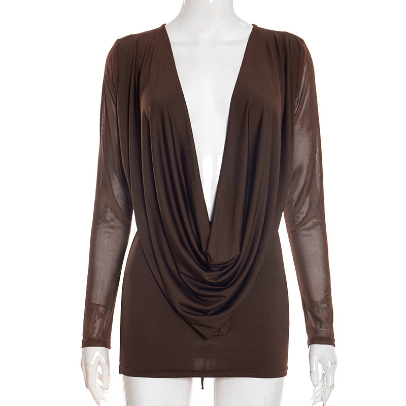 MB10159 Women's Brown Long Sleeve Deep V Neck Bodycon Mini Dress
