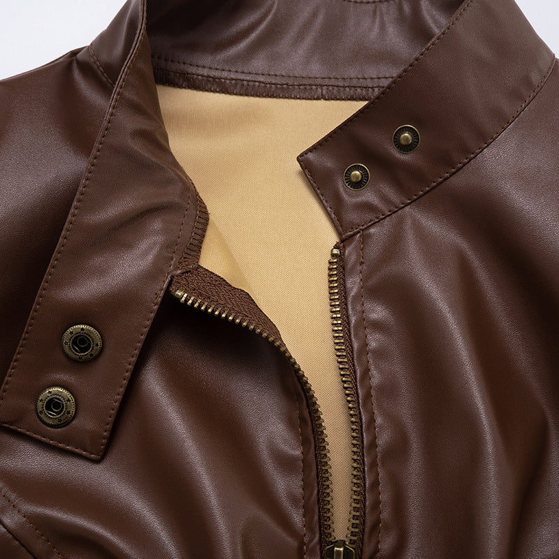 MB1040 Stand Collar PU Leather Zip-Up Jacket