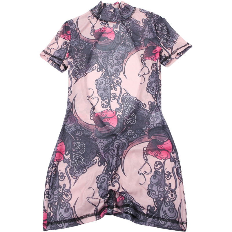 MB1112 Graphic Print Sheer Tight Backless Romper