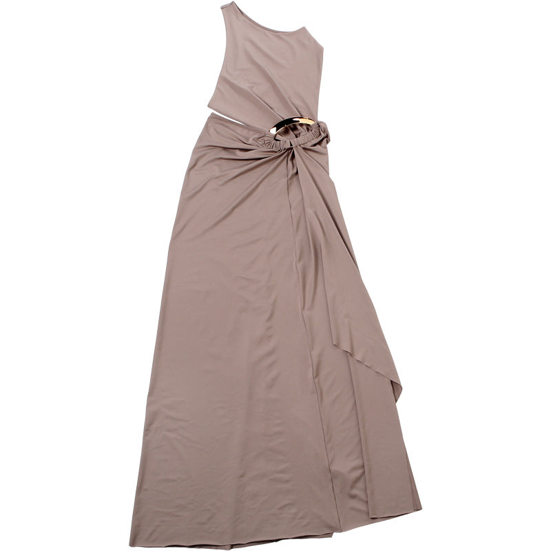 MB1157 Taupe One Shoulder Cutout Maxi Dress