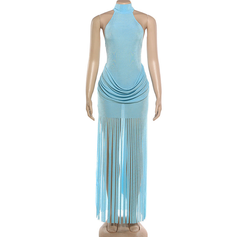 MB1158 Women's Halter Neck Maxi Dress with Long Fringe Tassels