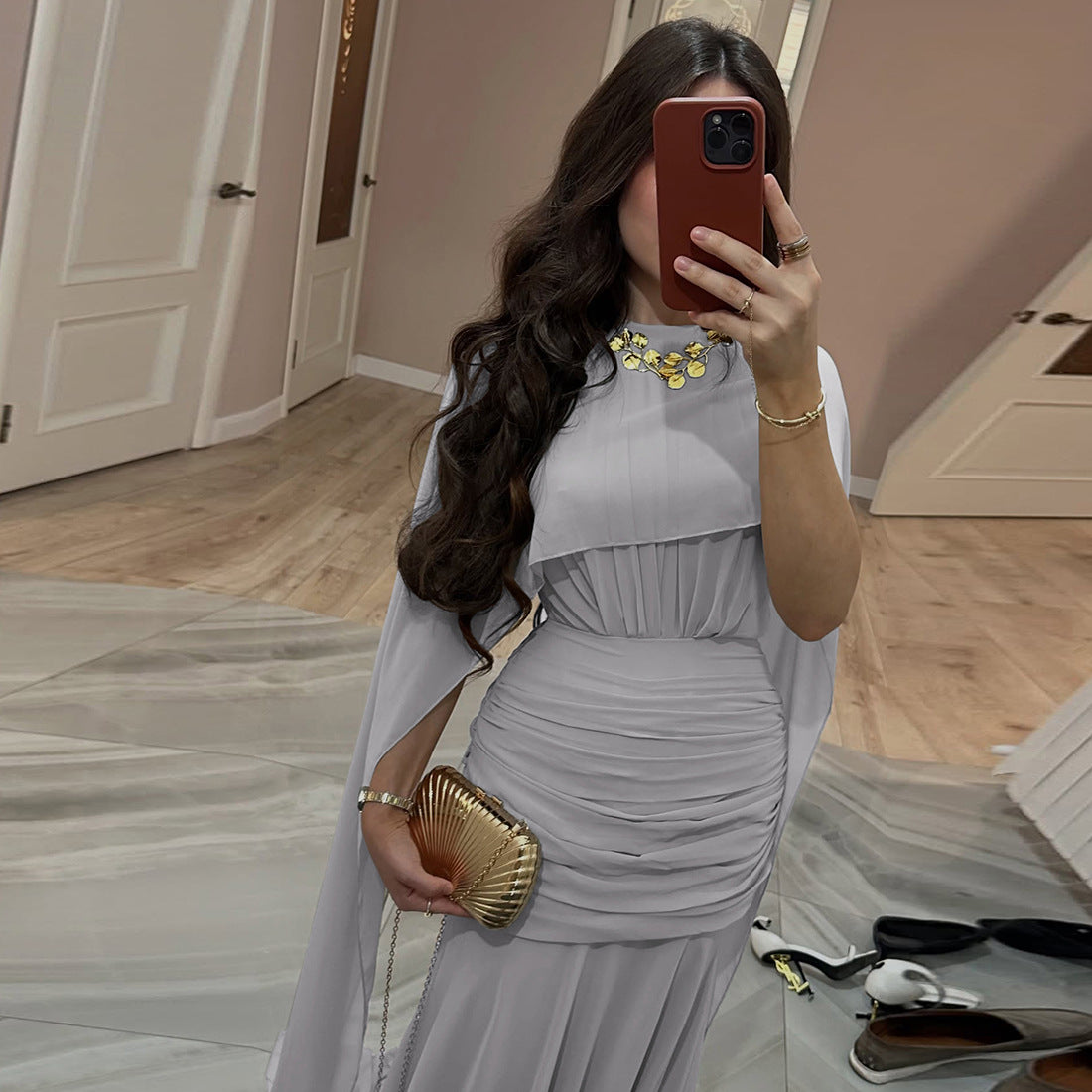 MB1121 Cape Back Ruched Maxi Dress