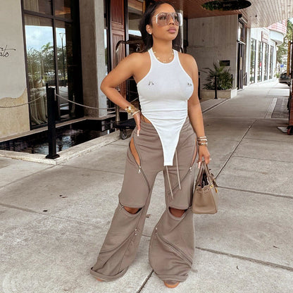 MB1020 Women Wide-leg Pants with Zips