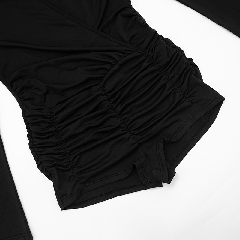 MB1451 Black Plunge V Neck Ruched Romper