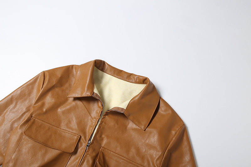 MB1137 Tan Cropped PU Leather Bomber Jacket with Cargo Pockets
