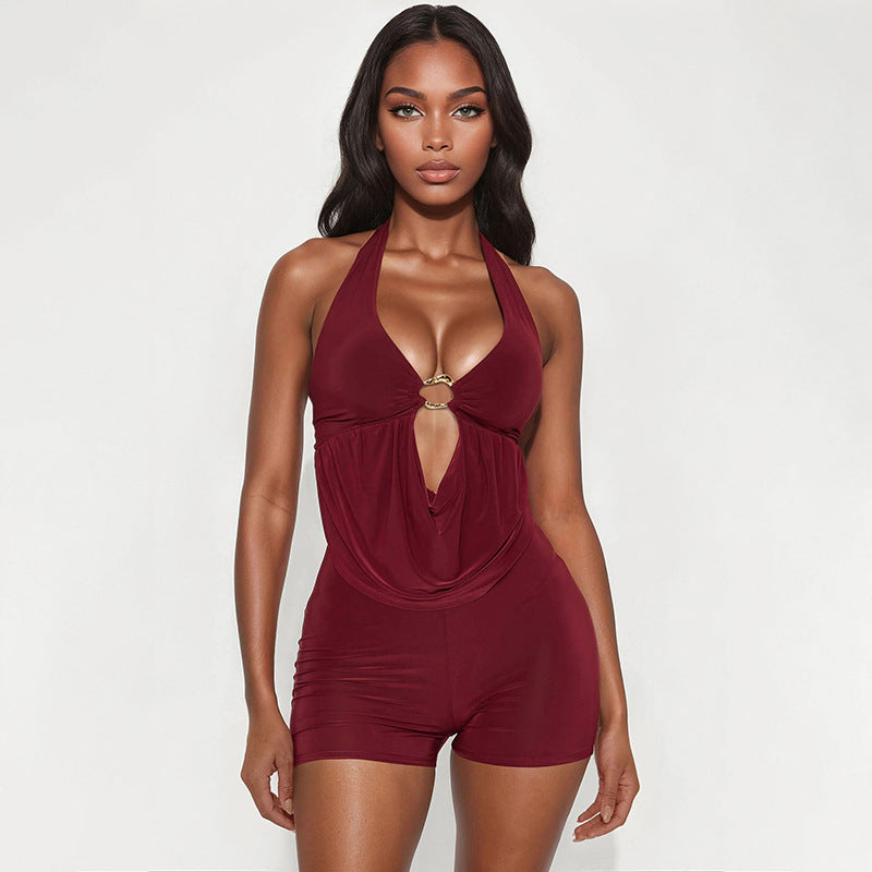 MB10167 Draped Deep V Backless Bodycon Short Jumpsuit