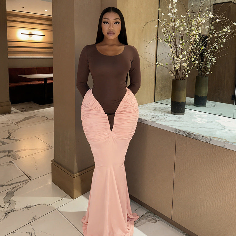 MB10120 Brown & Pink Color Block Maxi Dress for Women