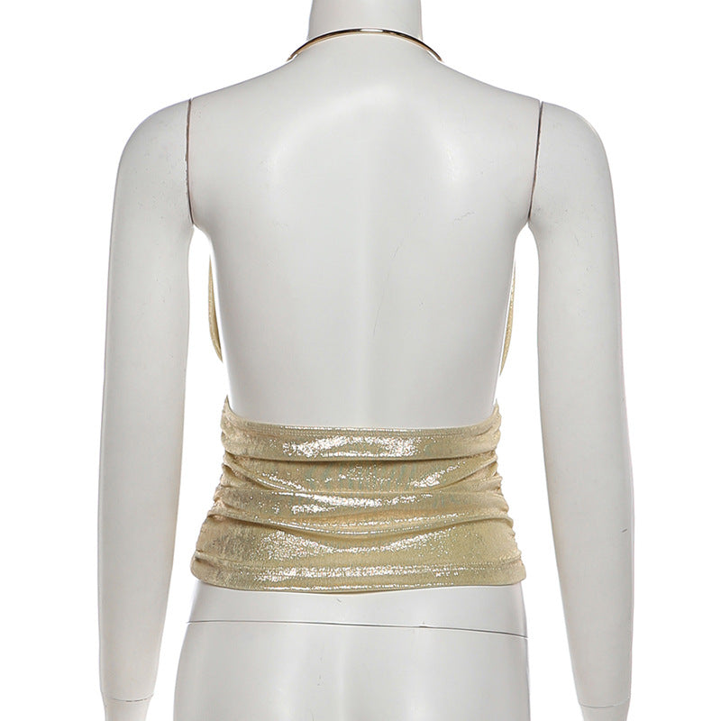 MB1161 Women's Gold Halter Neck Deep V Plunge Front Crop Top